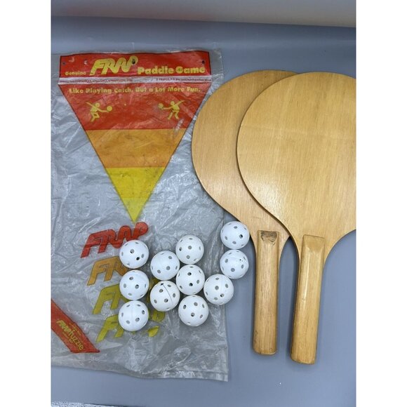 Frap Other - Vtg 70s Paddle Game All Original 10" Wooden Bat w/ 11 Balls FRAP Hong Kong MCM